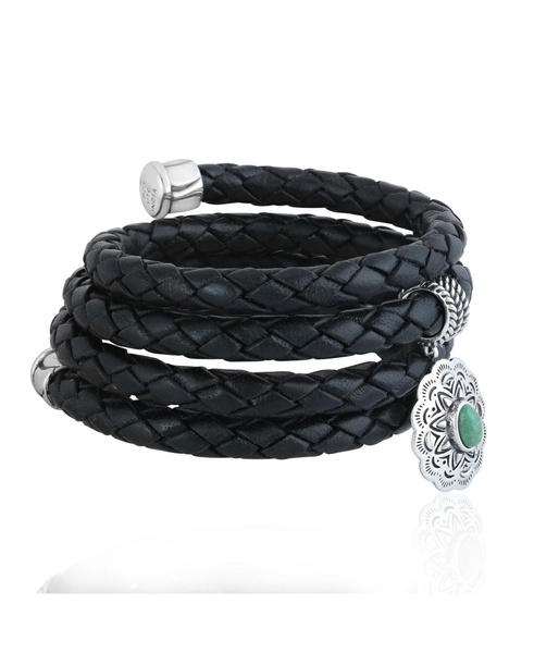 Sterling Silver Green Turquoise Concha Braided Leather Wrap Bracelet, One Size Fits Most