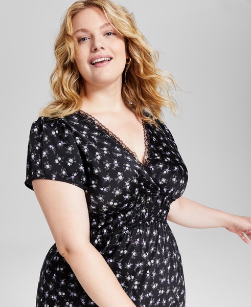 Trendy Plus Size Lace-Trim Satin Floral Midi Dress, Created for Macy's