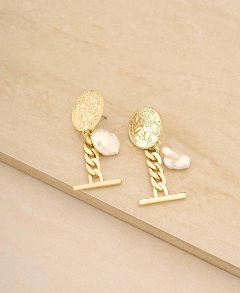 Gold-Plated Coin Drop Earrings with Freshwater Pearls