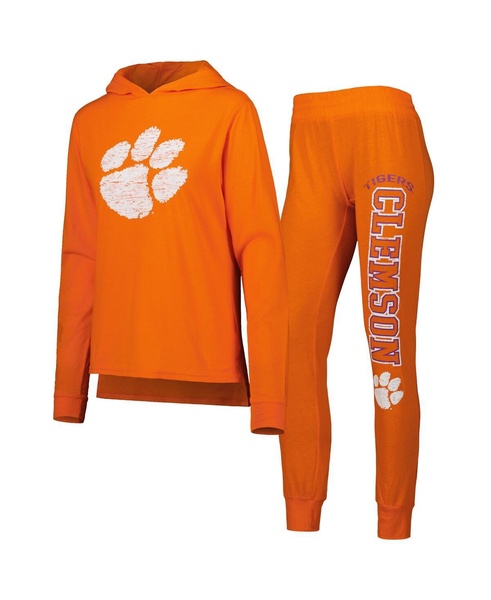 Women's Orange Clemson Tigers Long Sleeve Hoodie T-shirt and Pants Sleep Set