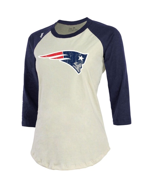 Women's Threads Mac Jones Cream, Navy New England Patriots Player Name and Number Raglan 3/4-Sleeve T-shirt