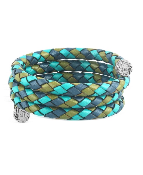 Sterling Silver Multi-Color Braided Blue, Turquoise and Lime Leather Coil Wrap Bracelet, 34 Inches