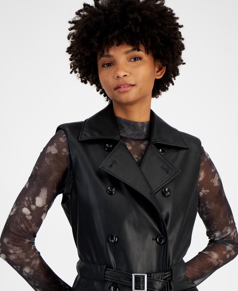 Petite Faux-Leather Notched Collar Belted Vest, Created for Macy's