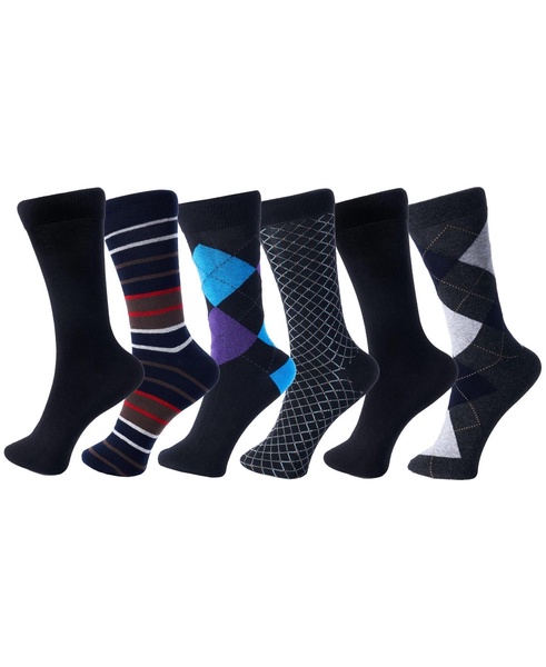 6 Pack Mens Cotton Dress Socks Mid Calf Argyle Pattern Solids Set