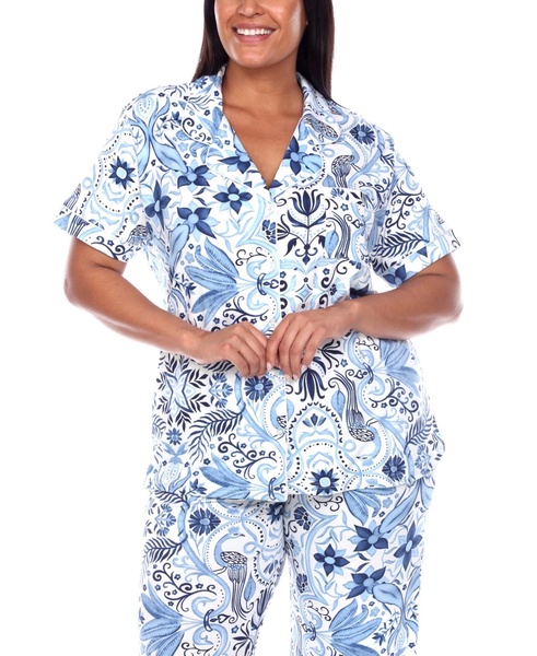 Plus Size Short Sleeve Pants Tropical Pajama Set, 2-Piece