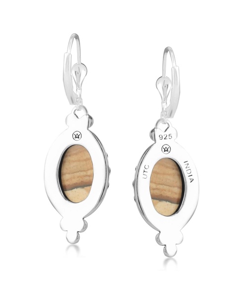 Sterling Silver Picture Jasper Gemstone Crown Detail Lever Back Earrings