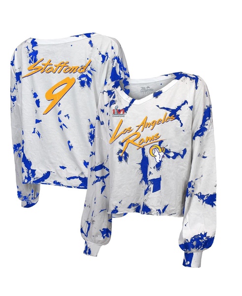 Women's Threads Matthew Stafford Royal, White Los Angeles Rams Super Bowl LVI Champions Off-Shoulder Tie-Dye Name Number Long Sleeve V-Neck T-shirt