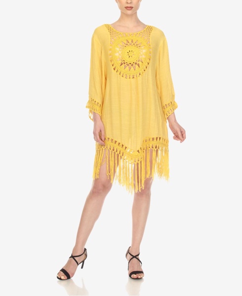 Women's Crocheted Fringed Trim 3/4 Sleeves Cover Up Dress