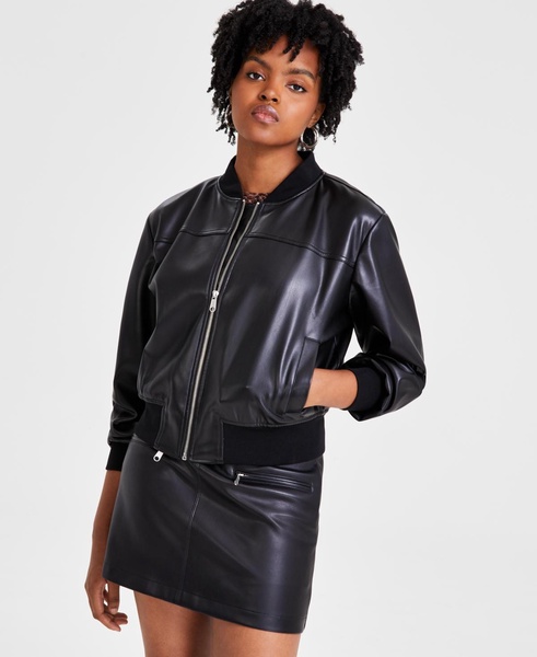 Women's Faux-Leather Zip-Front Bomber Jacket, Created for Macy's