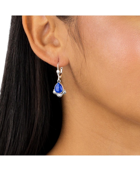 Sterling Silver and Pear Shape Denim Lapis Gemstone Fan Lever Back Earrings