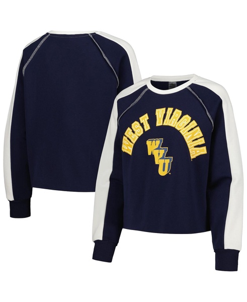 Women's Navy West Virginia Mountaineers Blindside Raglan Cropped Pullover Sweatshirt