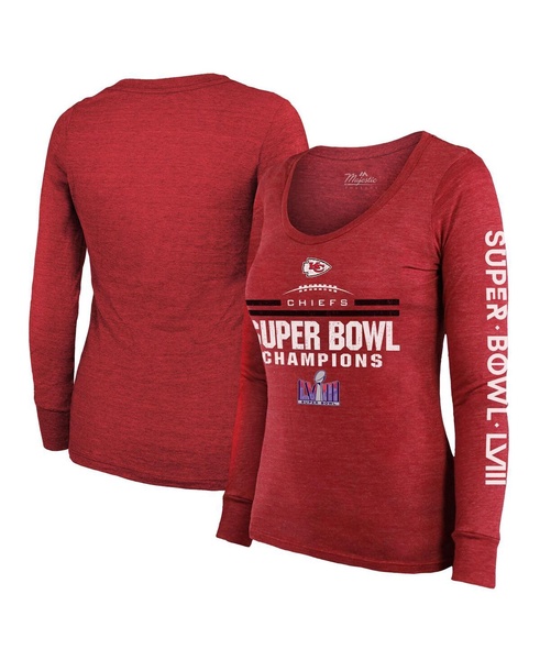 Women's Red Kansas City Chiefs Super Bowl LVIII Champions Goal Line Stand Scoop Neck Tri-Blend Long Sleeve T-shirt