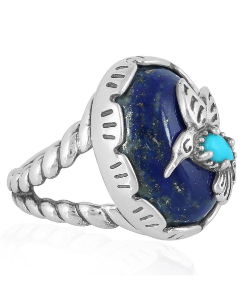 Sterling Silver Women's Ring, Blue Turquoise and Lapis Lazuli Hummingbird Design, Sizes 5-10