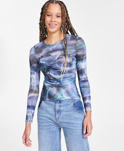 Women's Printed Long-Sleeve Ruched Mesh Top, Exclusively at Macy's