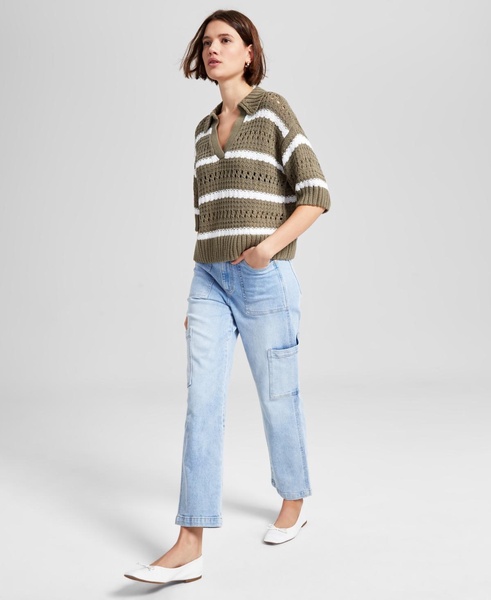 Women's Striped Open-Stitch Polo Sweater, Exclusively at Macy's