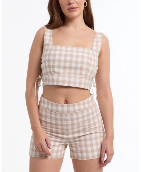 Women's Gingham Cropped Lace Up Detail Top