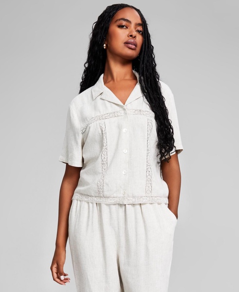 Women's Crochet-Lace-Trim Camp Shirt, Created for Macy's