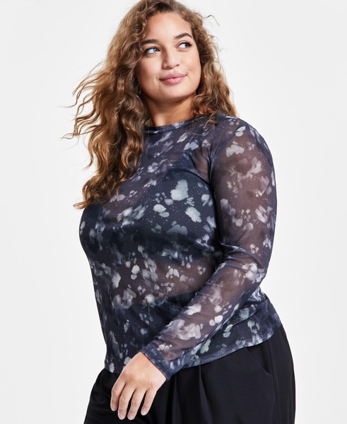 Trendy Plus Size Printed Mesh Crewneck Top, Created for Macy's