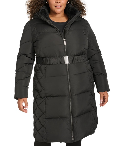 Plus Size Belted Hooded Puffer Coat