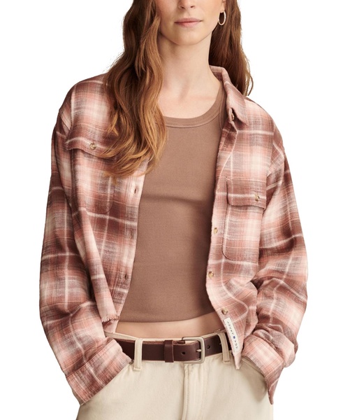 Women's Cotton Raw Edge Plaid Cropped Button Down Top