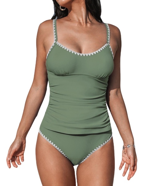 Women's Scoop Neck Mid Rise Adjustable Straps Shell Stitched Tankini Sets