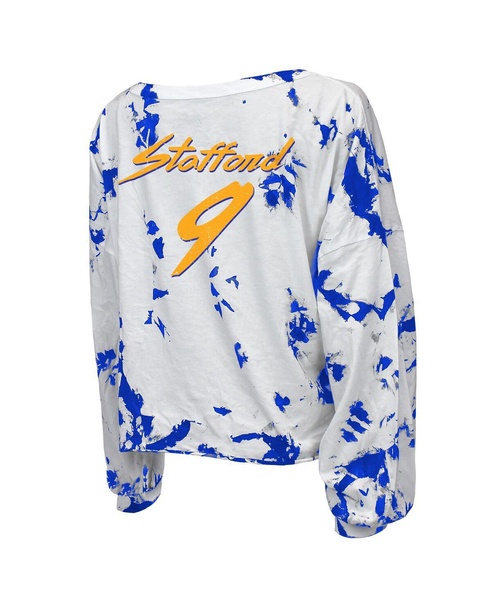 Women's Threads Matthew Stafford Royal, White Los Angeles Rams Super Bowl LVI Champions Off-Shoulder Tie-Dye Name Number Long Sleeve V-Neck T-shirt