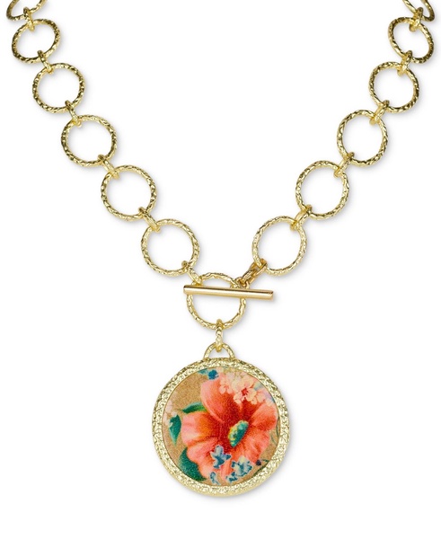 Gold-Tone Flower-Print Leather 21" Pendant Necklace