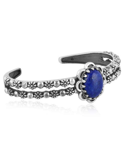 Southwestern Lapis Wildflower Sterling Silver Double Row Cuff Bracelet, Size Small - Large