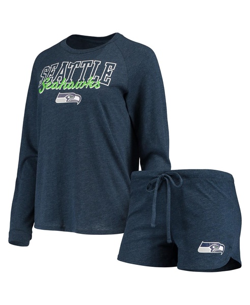 Women's College Navy Seattle Seahawks Meter Knit Long Sleeve Raglan Top and Shorts Sleep Set