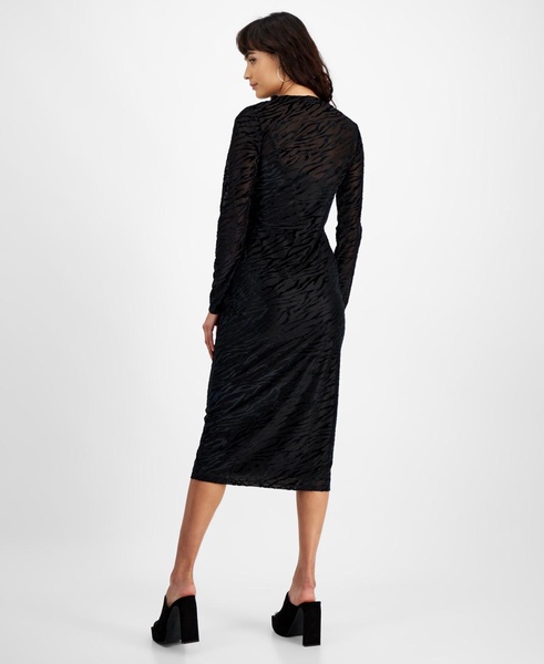 Women's Long-Sleeve Round-Neck Burnout Midi Dress, Created for Macy's