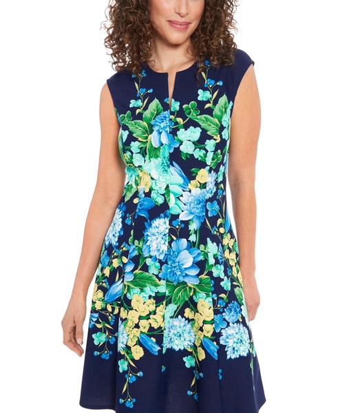 Petite Split-Neck Floral-Print Fit & Flare Dress