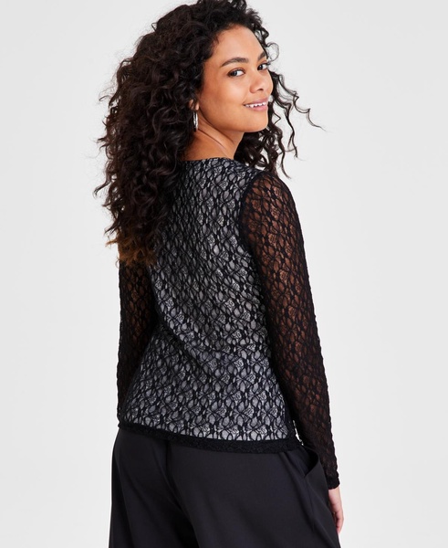 Petite Long-Sleeve Mesh Lace Top, Created for Macy's