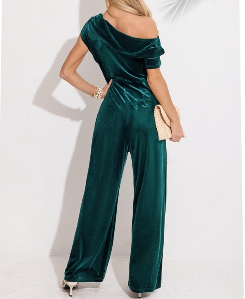 Women's Velvet One-Shoulder Wide-Leg Jumpsuit