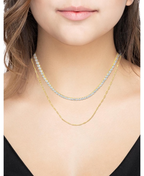 Double Row Chain with Cubic Zirconia Tennis Necklace and Clip Chain Necklace