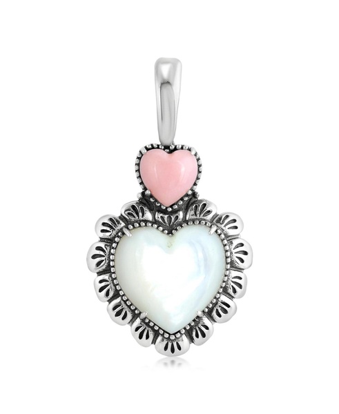 Sterling Silver White Mother of Pearl Pink Opal Concha Heart Pendant Enhancer