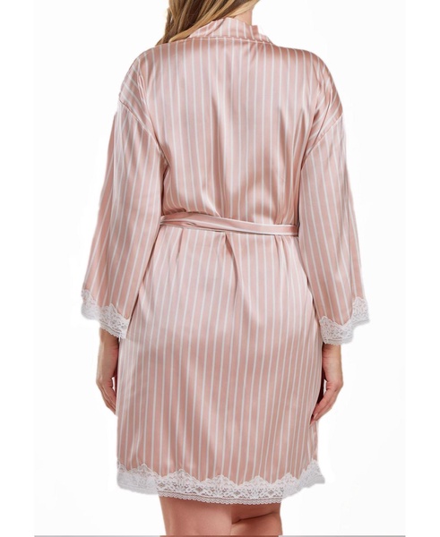 Brillow Plus Size Satin Striped Robe with Self Tie Sash and Trimmed in Lace