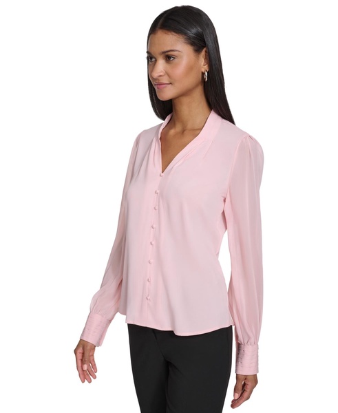 Women's Pleated-Cuff V-Neck Blouse