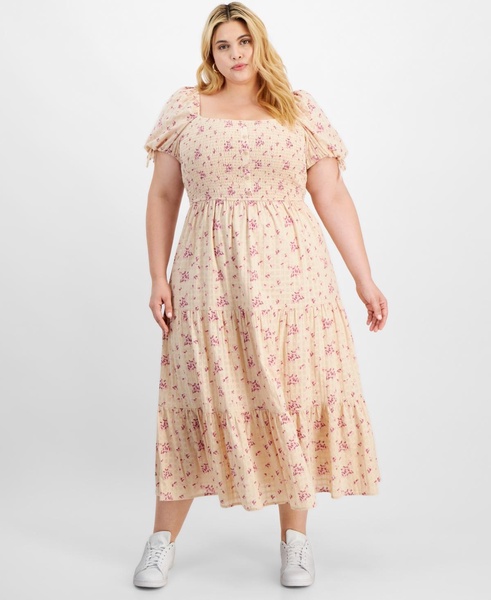 Trendy Plus Size Printed Puff-Sleeve Tiered Maxi Dress, Created for Macy's