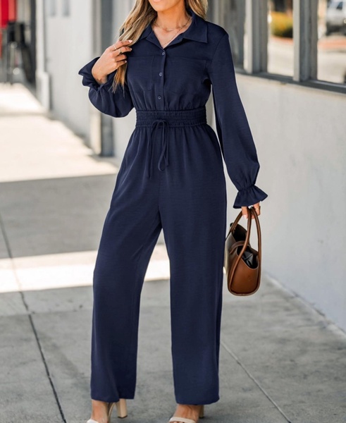 Women's Elegant Flowy Cuff V Neck Jumpsuit