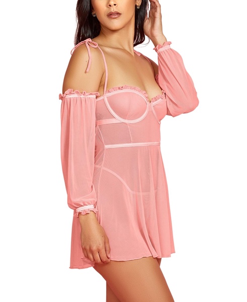 Women’s 2PC Babydoll Lingerie Set in Sheer Soft Mesh and Attached off the Shoulder Sleeves