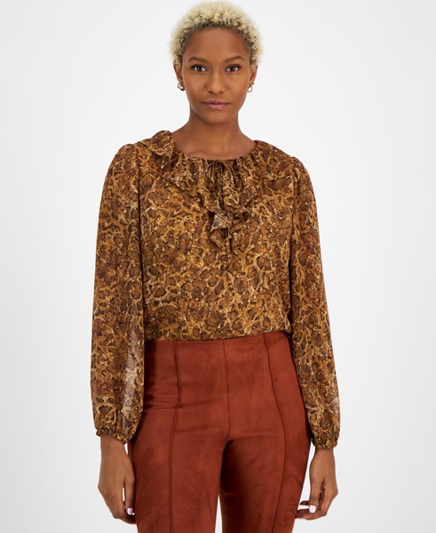 Women's Printed Ruffle-Neck Long-Sleeve Blouse, Created for Macy's 