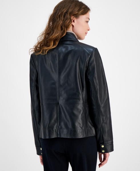 Women's Leather Zip-Front Collared Coat