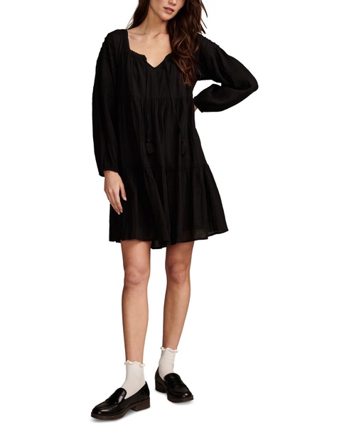 Women's Cotton Embroidered Tiered Long-Sleeve Mini Dress