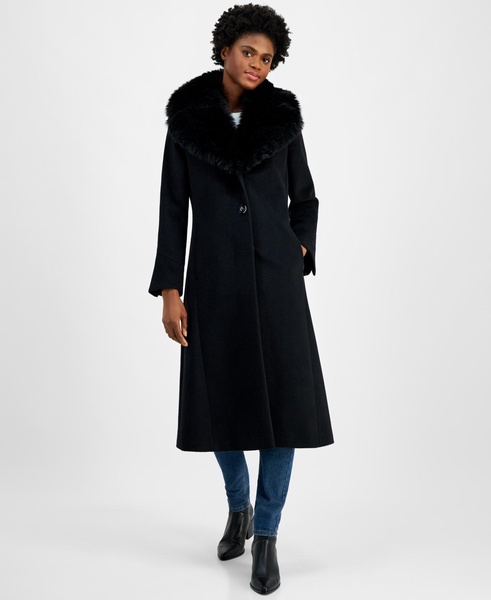 Women's Single-Breasted Faux-Fur-Collar Maxi Coat