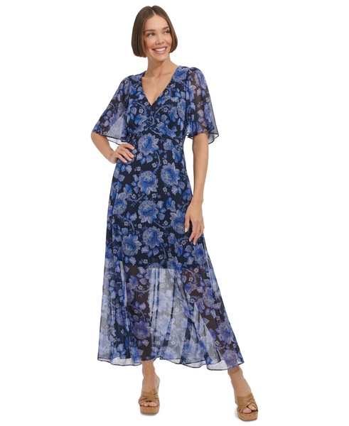 Women's Floral Flutter-Sleeve Maxi Dress