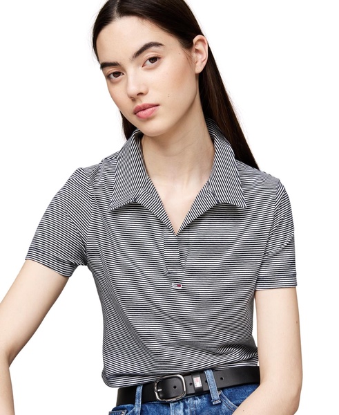 Women's Striped Short-Sleeve Cropped Polo Shirt