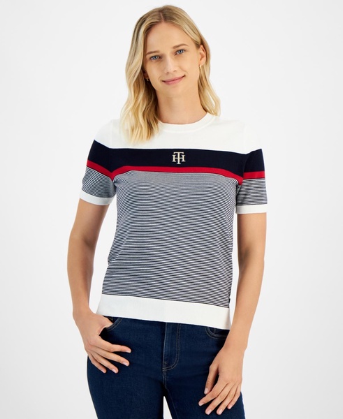 Women's Cotton Colorblocked Short-Sleeve Sweater