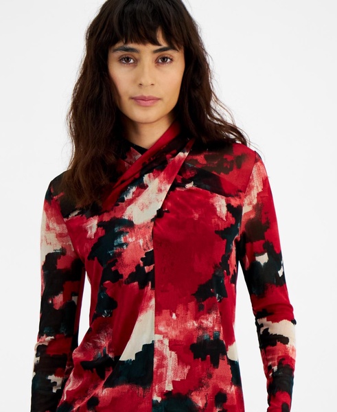 Women's Printed Twist-Neck Long-Sleeve Mesh Top, Created for Macy's