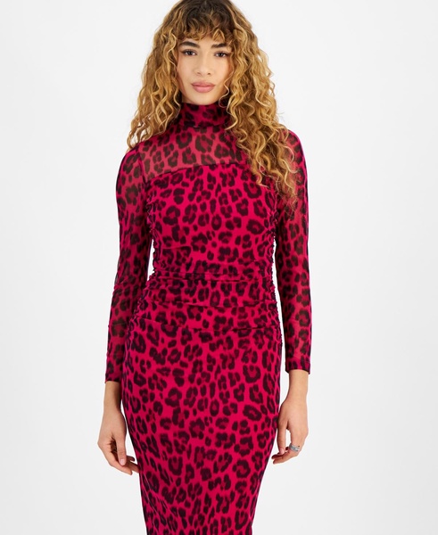 Women's Printed Mesh Ruched Turtleneck Dress, Created for Macy's 