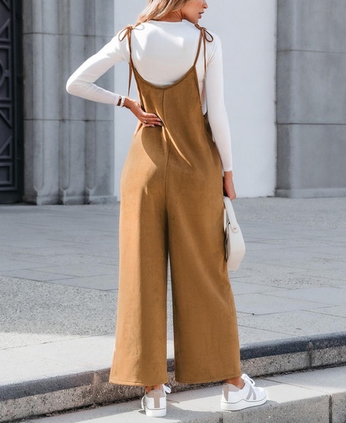 Women's Camel Faux Suede Wide Leg Jumpsuit